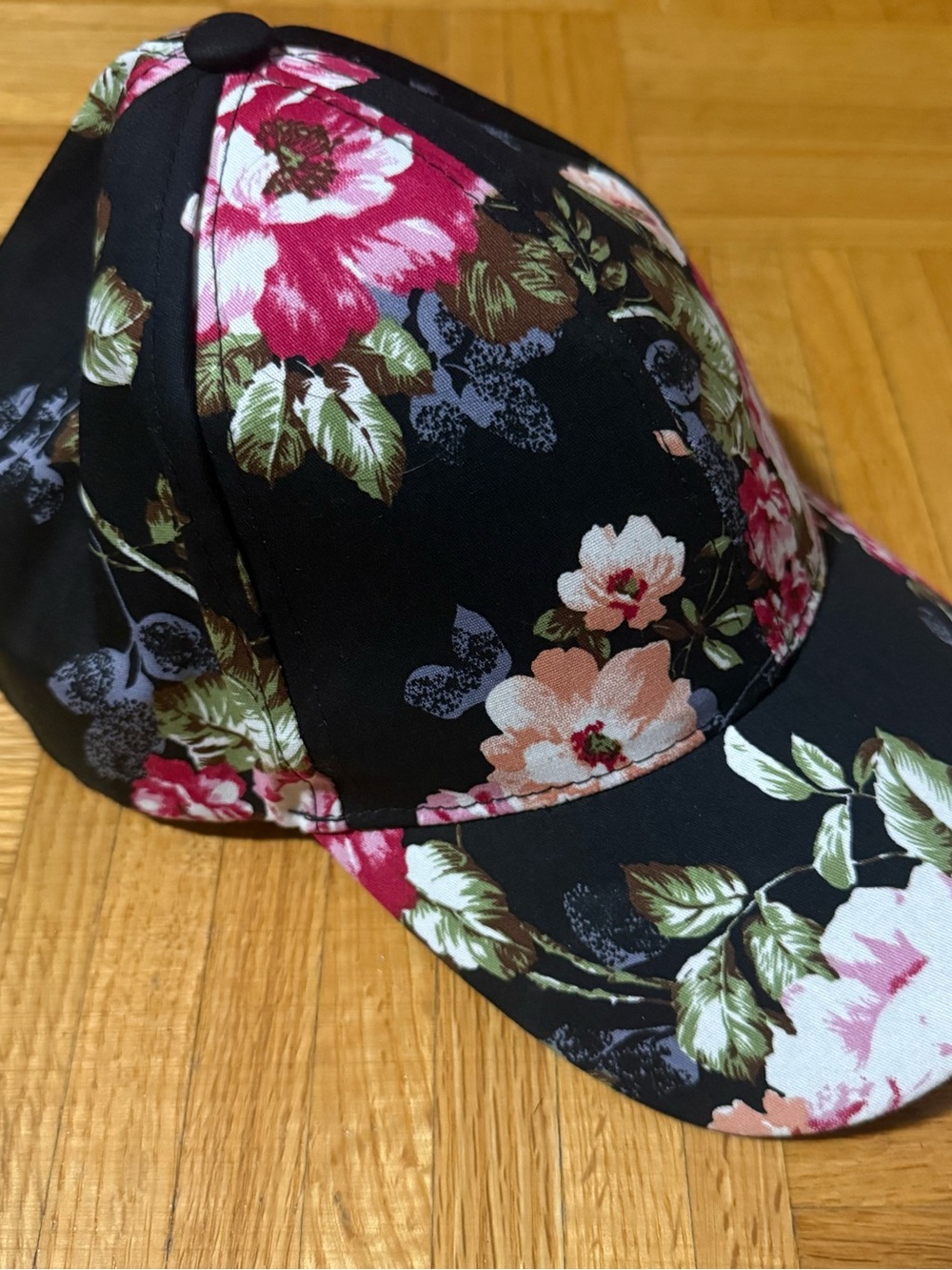 Ardene Black Floral Baseball Cap with Pink & Cream Blooms